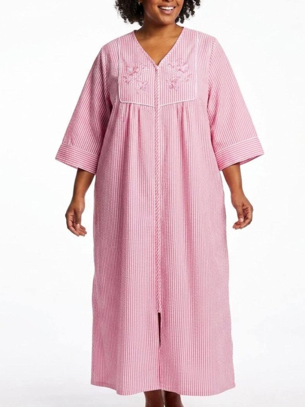Casual Nights Coquette Pink Striped Seersucker Zip House Dress Robe 3X
